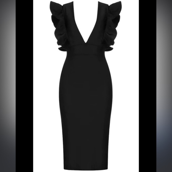 Frill Sleeve Deep Plunge LBD - Picture 3 of 5